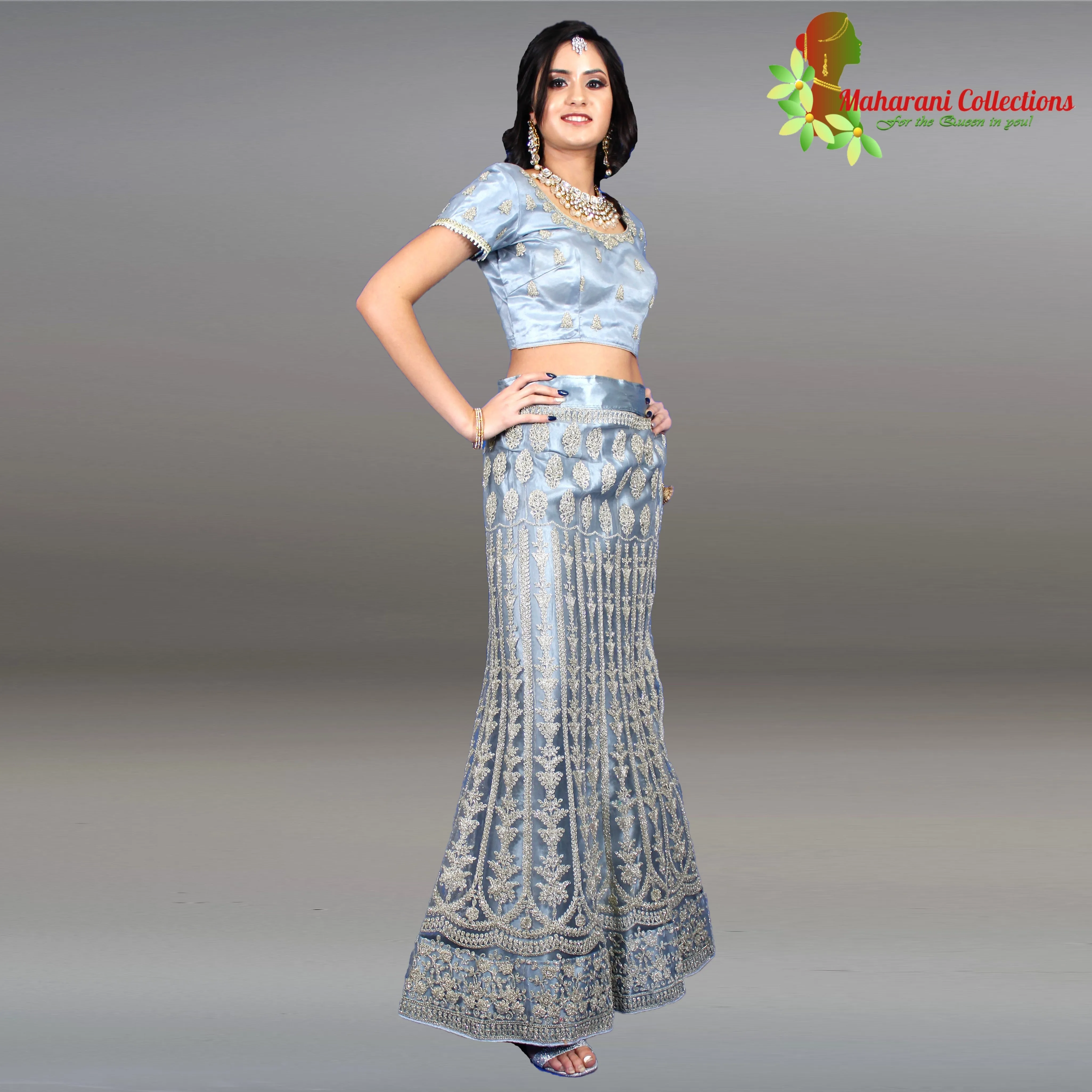 Maharani's Designer Net-Silk Lehenga - Light Blue with Zari and Sequins Embroidery