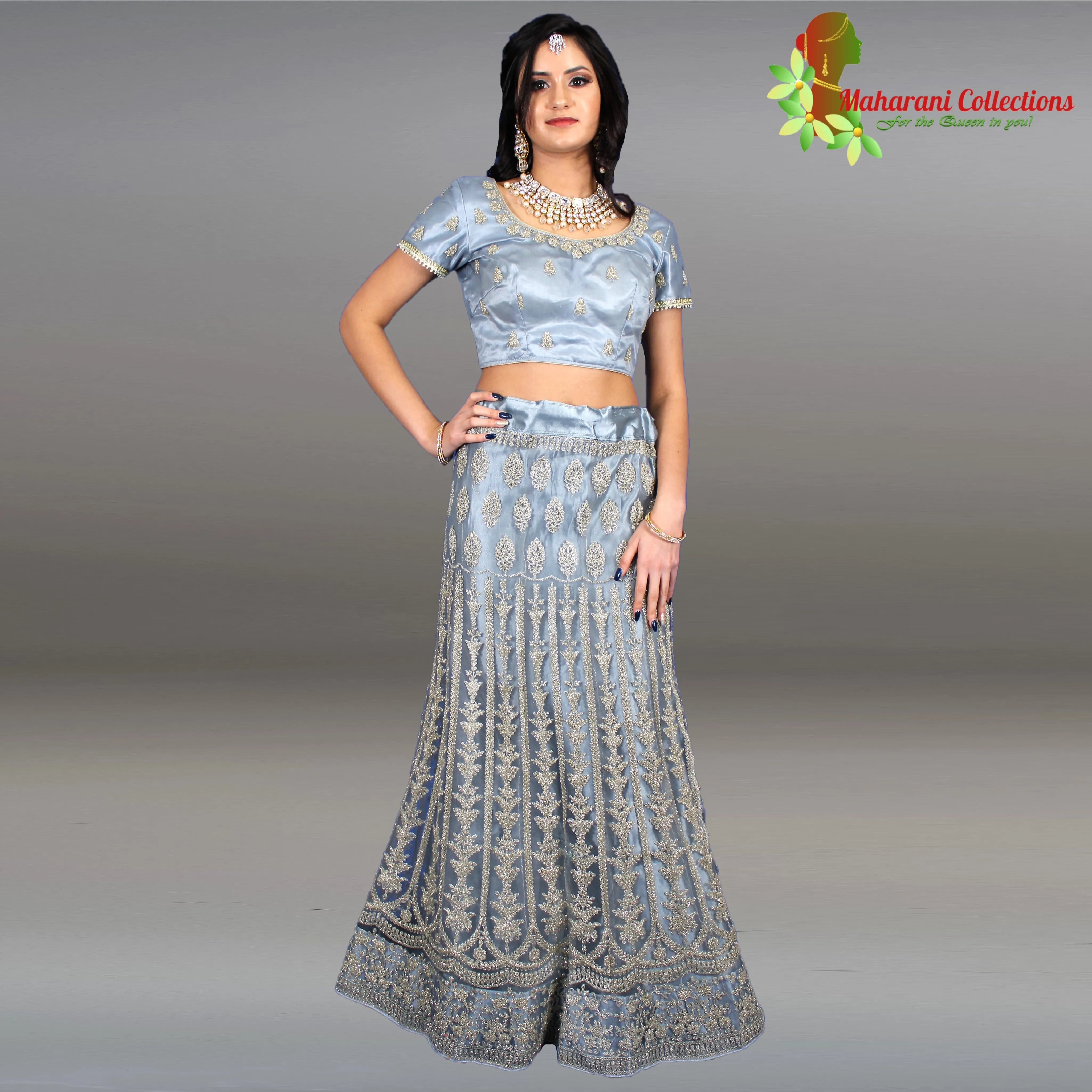 Maharani's Designer Net-Silk Lehenga - Light Blue with Zari and Sequins Embroidery