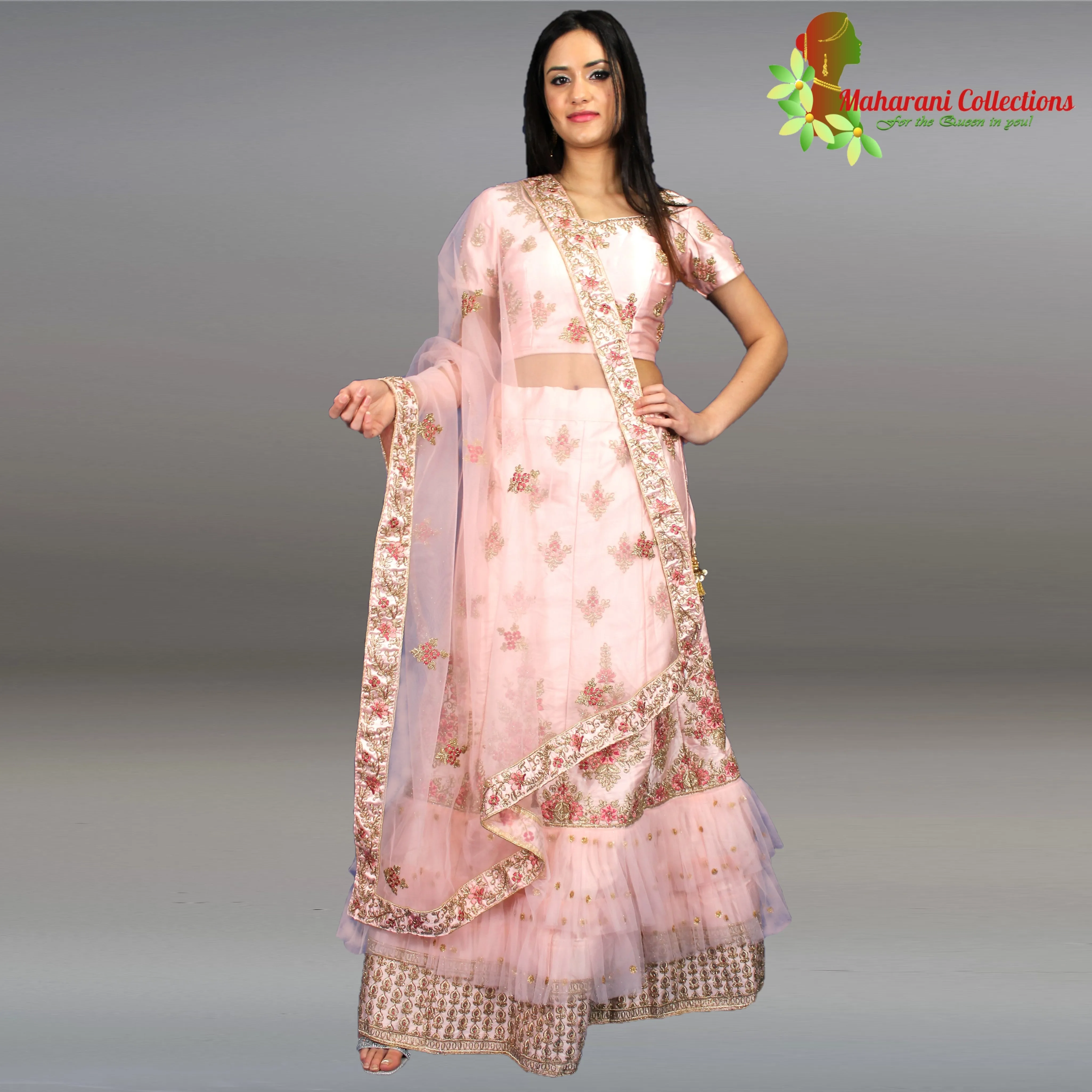 Maharani's Designer Net-Silk Lehenga - Light Pink with Zari Embroidery